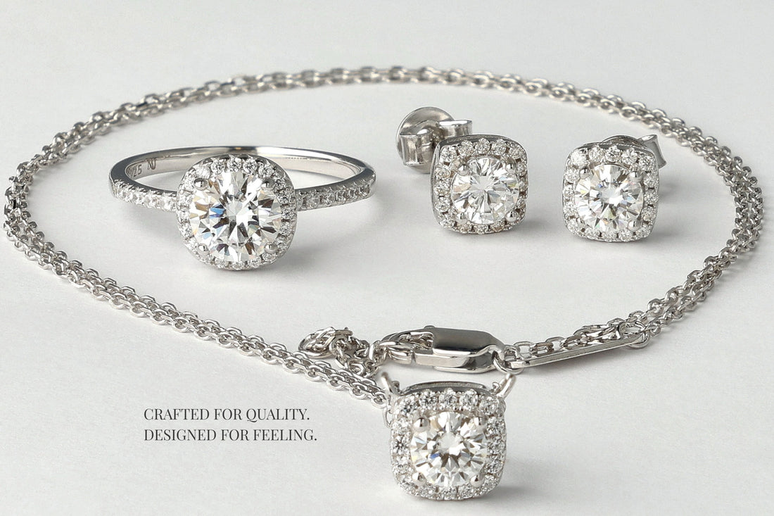 Moissanite jewelry – ring, earrings and necklace in 925 sterling silver, rhodium plated