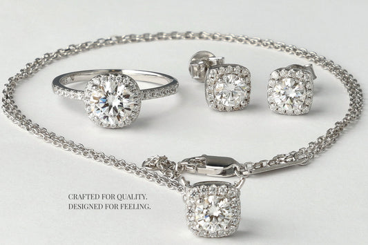 Moissanite jewelry – ring, earrings and necklace in 925 sterling silver, rhodium plated